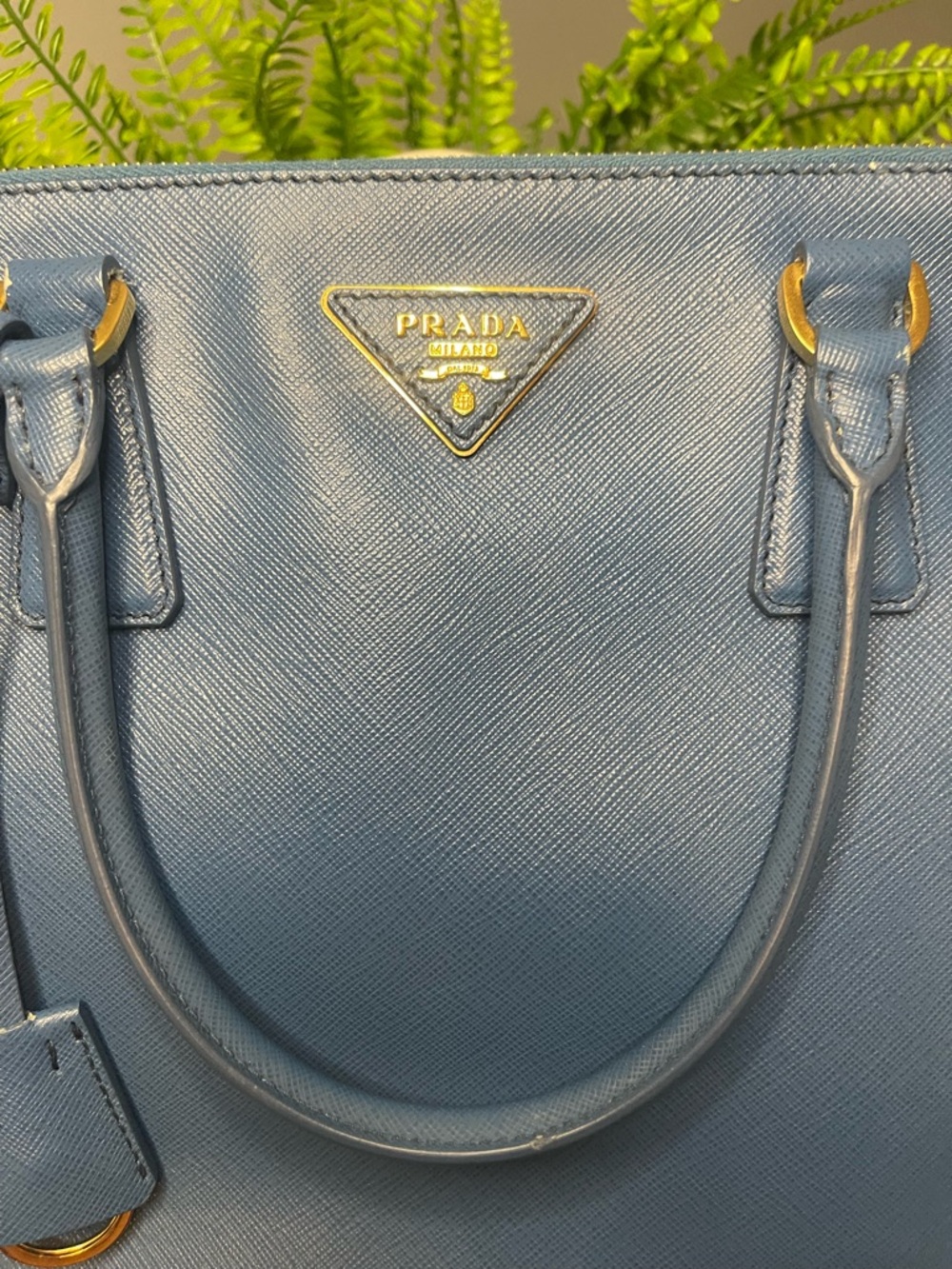 Prada Slate Blue Saffiano Leather Satchel with Gold Hardware - Picture 11 of 12